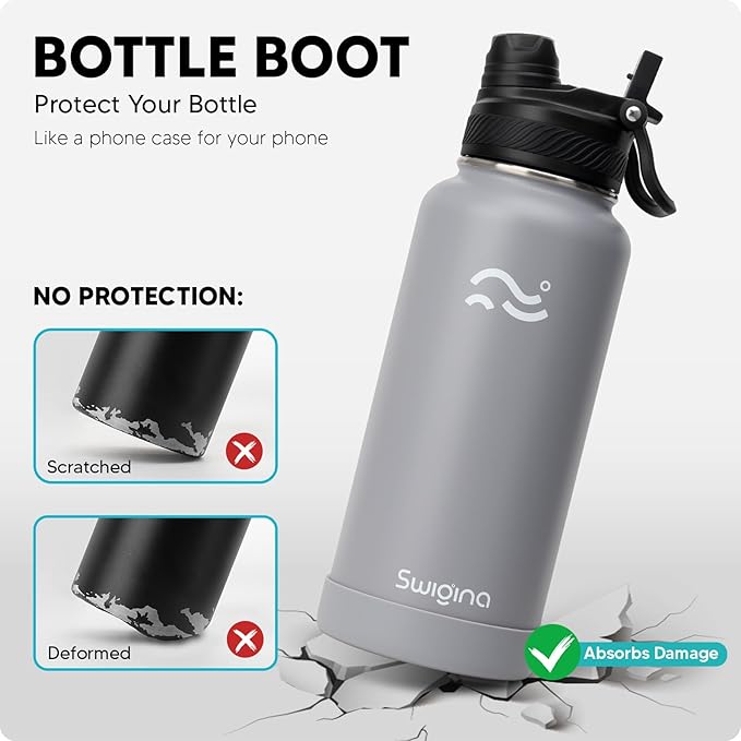 [2-IN-1 LID] Insulated Water Bottle with Silicone Boot (36hrs Cold/18hrs Hot) - DIY Stickers, Leakproof, BPA Free, 32 oz