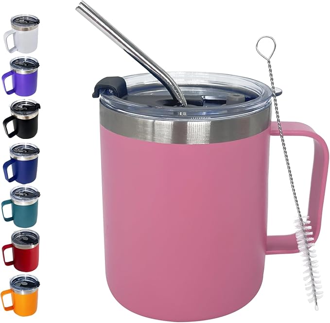 1pack 12oz Coffee Mug With Handle Bulk, Stainless Steel Insulated Travel Tumblers With,Double Wall Vacuum Camping Cup for Hot & Cold Drinks Tea (pink)