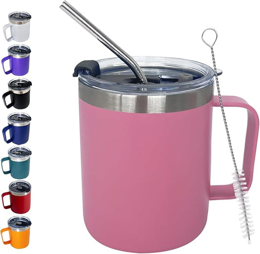 1pack 12oz Coffee Mug With Handle Bulk, Stainless Steel Insulated Travel Tumblers With,Double Wall Vacuum Camping Cup for Hot & Cold Drinks Tea (pink)