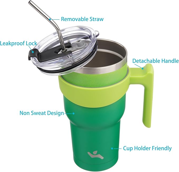 40 oz Tumbler with Handle and 2 Straw 2 Lid, Insulated Water Bottle Stainless Steel Vacuum Cup Reusable Travel Mug,Matcha Green