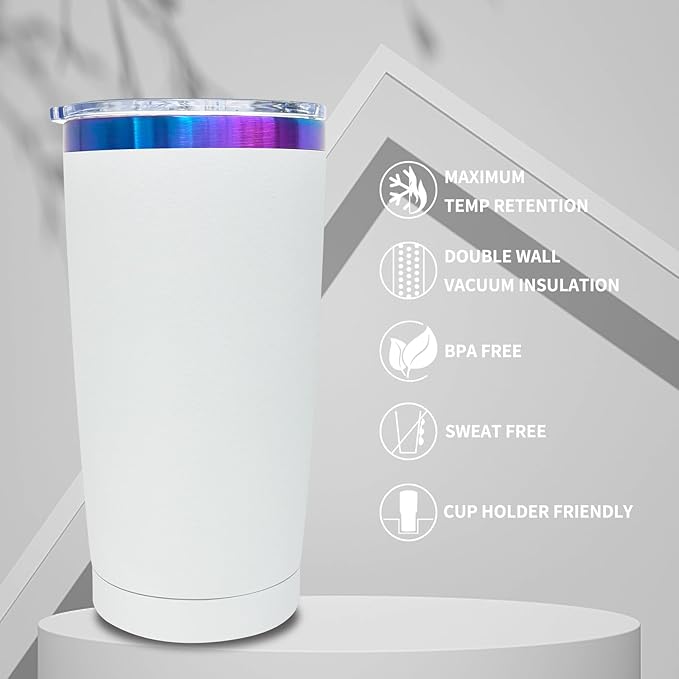 20 oz Tumbler Stainless Steel Tumbler with Lid and Straw, Double Wall Vacuum Insulated Travel Coffee Mug for Laser Engrave, Powder Coated Cup for Hot and Cold Drinks (White,1 pack)