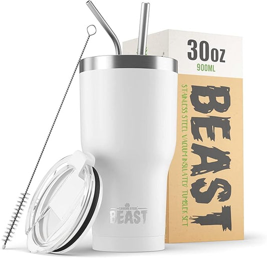 BEAST Insulated Coffee Mug – 900 ml I Arctic White I Stainless Steel I Reusable, Insulated Cups I 2 Straws and Cleaning Brush, Double Walled Travel Coffee Thermos I Hot or Iced Coffee