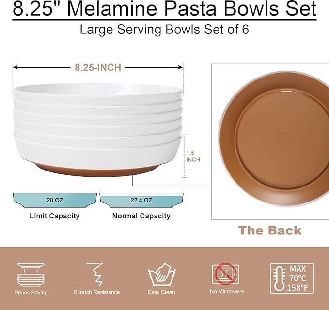 Webbylee 8.25" Melamine Deep Plates Set of 6-28oz Melamine Large Salad Bows，Serving Bowls for Cereal, Fruit, Soup，Deep Enough for Kitchen and Dining White/Brown