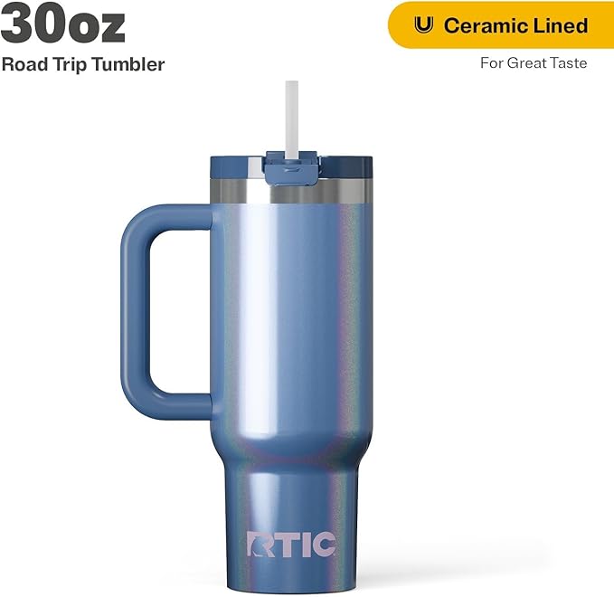 RTIC 30 oz Road Trip Tumbler Double-Walled Ceramic Lined InsulatedStainless Steel Portable Travel Coffee Mug Cup with Lid, Handle and Straw, Pond Glitter