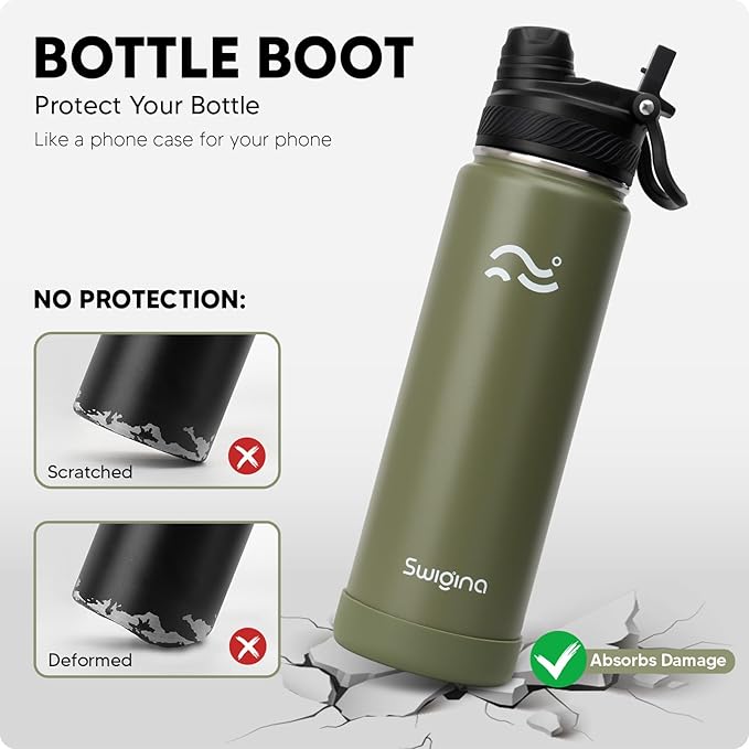 [2-IN-1 LID] Insulated Water Bottle with Silicone Boot (36hrs Cold/18hrs Hot) - DIY Stickers, Leakproof, BPA Free, 24 oz