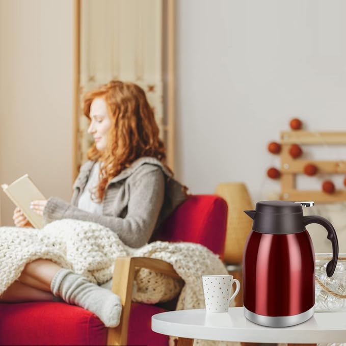 54oz Thermal Coffee Carafe, Stainless Steel Insulated Thermal, Double Wall Vacuum Flask, Small Coffee Carafe for Keeping Hot or Cold Drinks, Coffee, Tea (Bright Red)