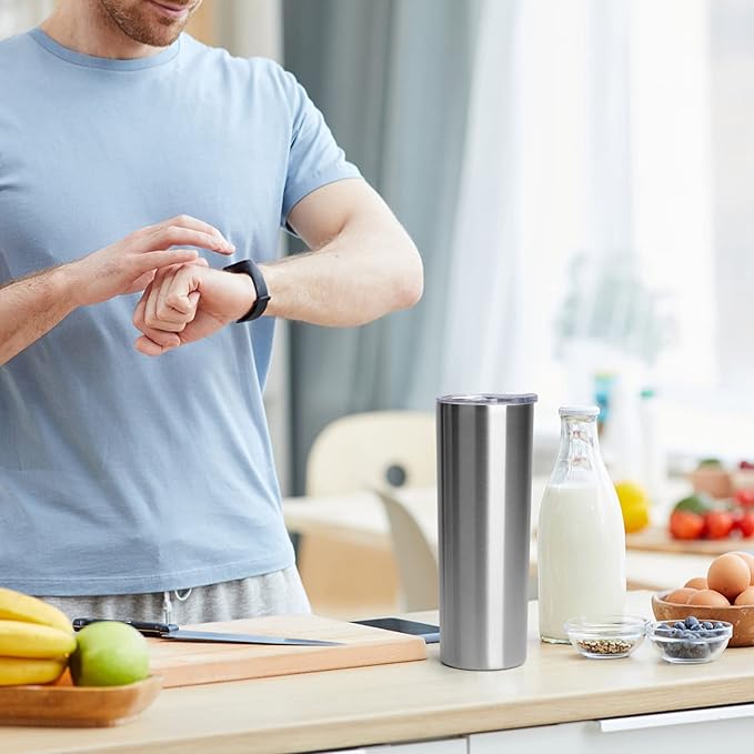 20 oz Skinny Tumbler with Lid and Straw,Stainless Steel Vacuum Insulated Tumbler Cup Double Wall Leak-proof Coffee Mug,Travel Thermal Water Tumbler for Office,Outdoor(Silver,1)