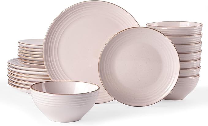 Famiware Jupiter Dinnerware Set, Plates and Bowls Dish Sets for 8 (24 Pieces), Microwave and Dishwasher Safe Stoneware Speckled Tableware, Chip and Scratch Resistant, Light Pink