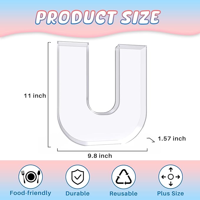 11" Acrylic Letter Charcuterie Box, Reusable Fillable Alphabet Number Shaped Form Tray for Birthday Anniversaries, Party Decorative Serving Plates Display Candy Cake (U)