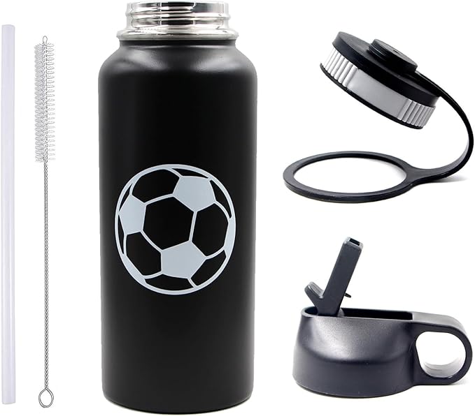 32 oz Soccer Water Bottle, Wide Mouth Sports Flask Travel Tumbler with 2 Lids, Stainless Steel Double Wall Vacuum Leak Proof Insulated Water Bottles, Soccer Stuff Gifts for Mom Men Boys Girls Player