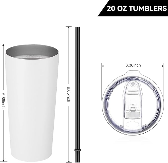 VEGOND 20oz Tumbler Bulk with Lid and Straw 6 Pack, Stainless Steel Vacuum Insulated Tumbler, Double Wall Coffee Cup Travel Mug, White