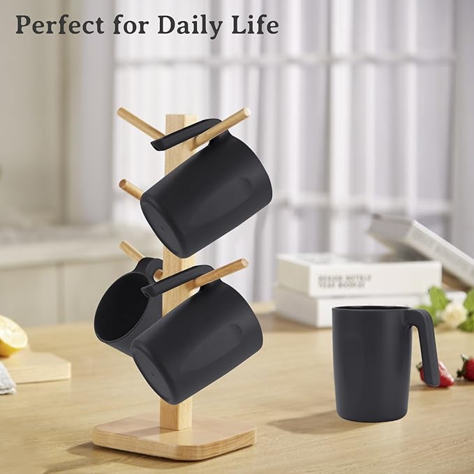 Wrova 16oz Wheat Straw Cups with handles set of 6-Plastic Cups Reusable-Unbreakable Kids Mugs-Dishwasher Safe & Microwave Safe-Ideal Plastic Mugs for Tea,Coffee,Camping,RV-Black