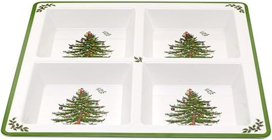 Spode Christmas Tree Melamine 4-Section Tray, 13.5-Inch Divided Holiday Serveware for Nuts, Candy, Condiments - Festive Tableware - Durable Holiday Entertaining Accessory for Indoor & Outdoor Use