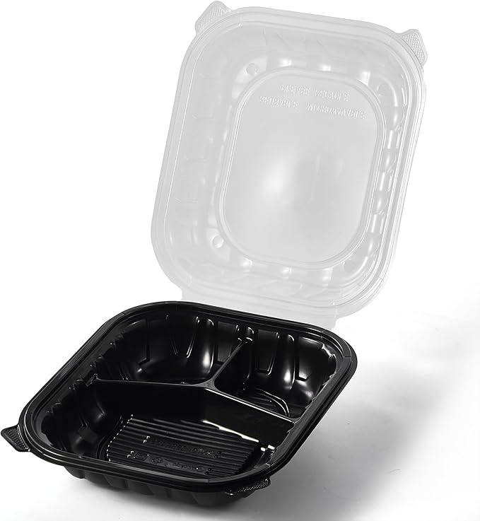 CIAO! 9"x9"x3" Polypropylene Black bottom with Clear Lid Hinged Container 3 Compartment Take Out Container, Microwavable, Recyclable and Reusable, (Case of 150)