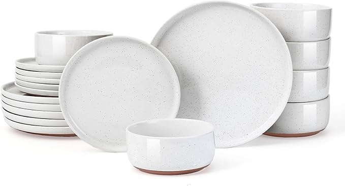 GZG Modern Art Series - 18 Pcs Speckled Stoneware Plates and Bowls Sets, Ceramic Dinnerware Set with Rustic Terracotta Underside, Microwave and Dishwasher Safe Handcrafted Dishes Set - Porcelain White