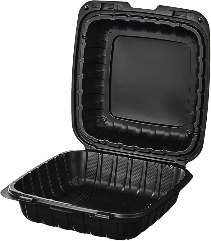 CIAO! 8"x8"X3" MFPP Black Hinged Container With Lid 1 Compartment (Case of 200)
