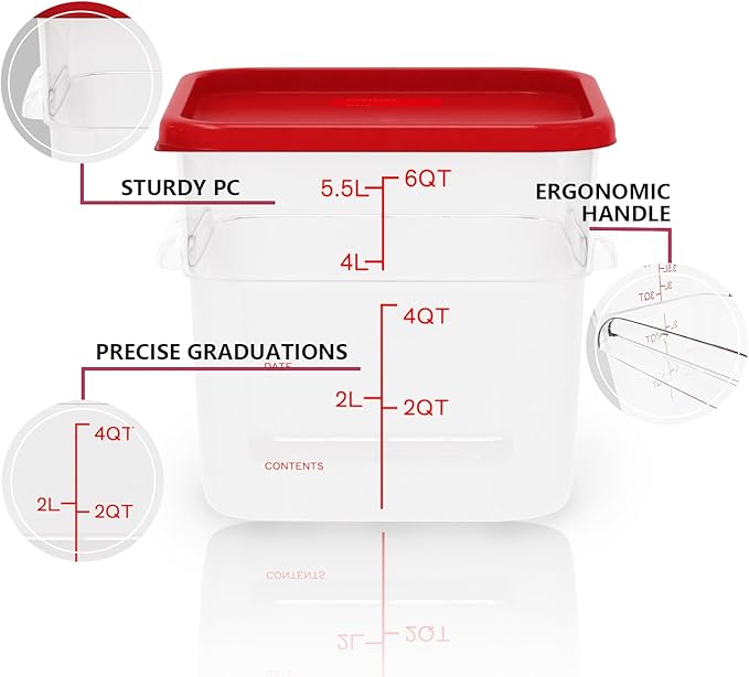 6 Pack 6 Quart Square Clear Food Storage Containers with Lids Cereal Containers Storage Airtight Food Storage Containers for Restaurant Kitchen Home