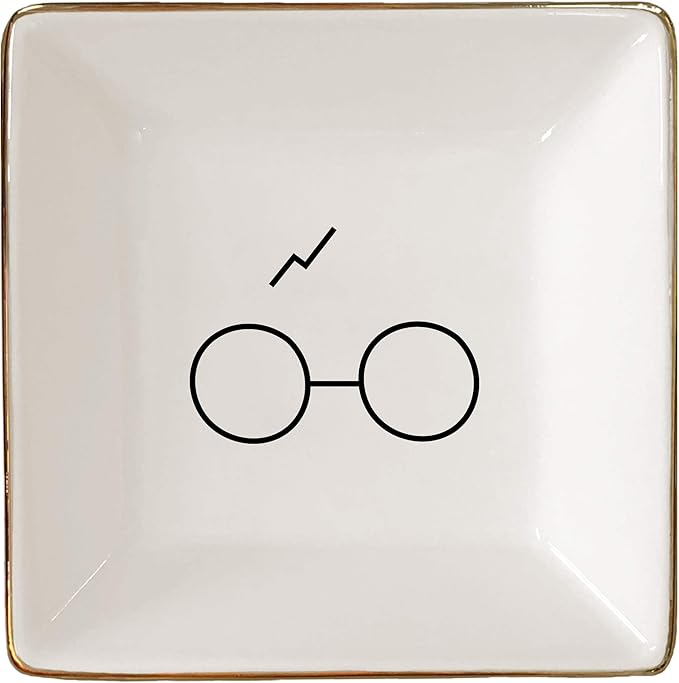 Simply Charmed Porcelain Jewelry Ring Holder Tray – Harry Potter Gift, Porcelain Trinket Dish, 4"x4" White with Golden Glaze, Jewelry Organizer
