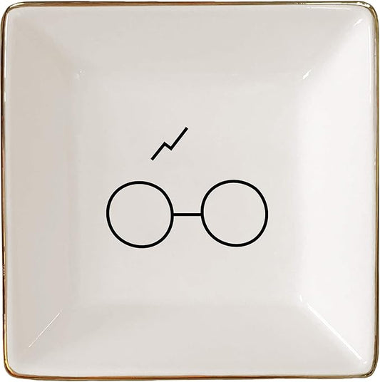 Simply Charmed Porcelain Jewelry Ring Holder Tray – Harry Potter Gift, Porcelain Trinket Dish, 4"x4" White with Golden Glaze, Jewelry Organizer