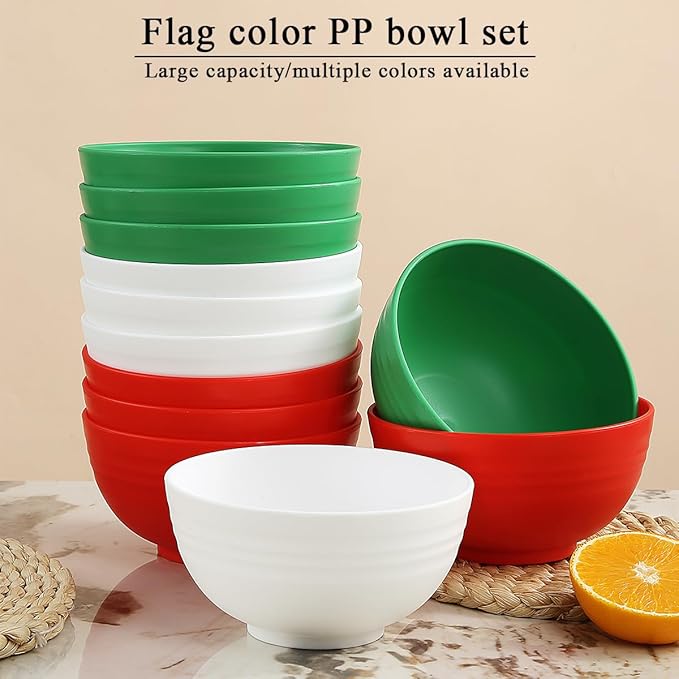 Berglander Plastic Bowls Set of 12 Pieces 25oz, IT Color Reusable and Sturdy Ramen Bowl, Soup Bowls, Cereal Bowl for Adult, Kids, Home, Restaurant, Garden, Picnic, Camping, Poolside, Outdoor