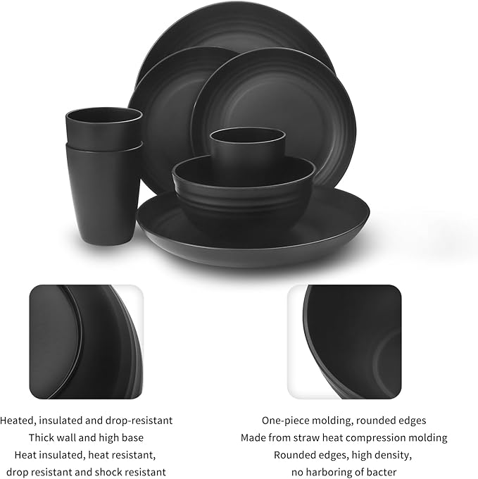 Lazycorner 32Pcs Kitchen Wheat Straw Dinnerware Set, Service for 8, Plastic Reuasble Dinner Dishes Serving Plate Set for Kitchen, Including Dinner Plate, Dessert Plate, Bowl, Cup(Black)