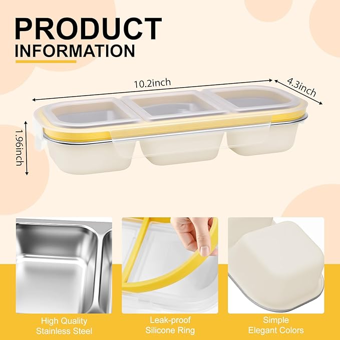 Stainless Steel Snack Container with Lids, Snackle Box Container for Adults, Reusable Metal Bento Box, Leek Proof 3 Compartment Divided Food Storage Containers for Diet Control, Picnic, Work, Travel