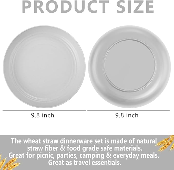Supernal 16pcs Grey Wheat Straw Plates,Hard Plastic Plates Reusable,Unbreakable Dinner Plates,Reusable Plastic Plates,Deep Dinner Plates,Dishwasher & Microwave Safe for Camping, Picnic