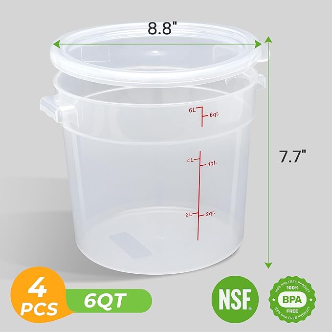 4 Pack Round Food Storage Containers with Lids, 6Qt Translucent Food Containers, Polypropylene, BPA Free, Includes Labels & Measuring Cups