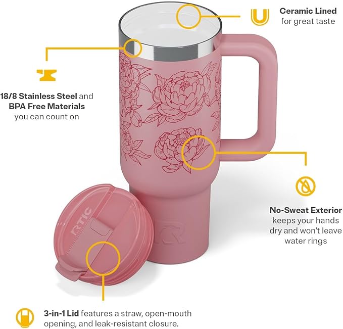 RTIC 30 oz Road Trip Tumbler Double-Walled Ceramic Lined InsulatedStainless Steel Portable Travel Coffee Mug Cup with Lid, Handle and Straw, Pink Peonies