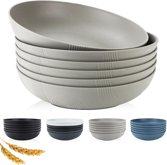 PYRMONT 65oz Wheat Straw Bowls-10 inches Large Salad Bowls Set of 6,Bowls for Kitchen,Shallow Serving Bowls,Lightweight & Unbreakable,Microwave & Dishwasher Safe,BPA-Free