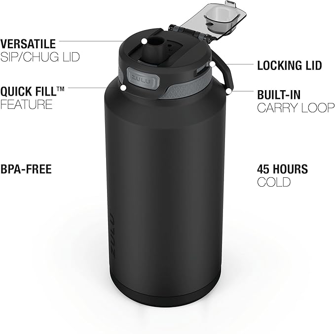 ZULU Powerfill Pro 64oz Half Gallon Stainless Steel Water Bottle with Quick Fill Lid, Triple Walled Vacuum Insulated Metal, Leak Proof Locking Lid, Sip and Chug, Reusable BPA Free, Black Monochrome