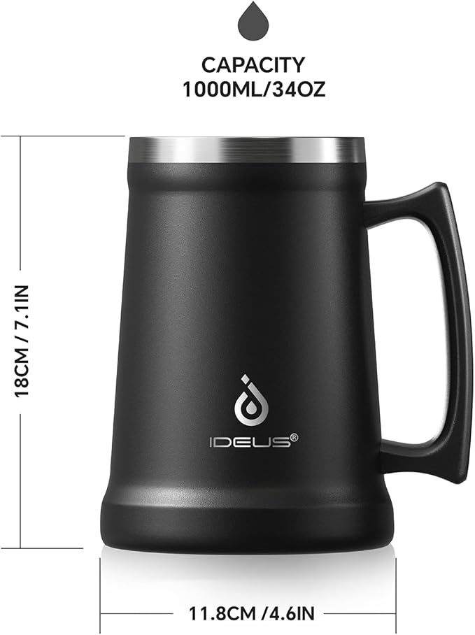 Ideus Insulated Beer Stein, 24/32oz Stainless Steel Double Walled Beer Mug Giant Bar Drinkware Metal Beer Cup with Big Grip Handle (34oz (1,000ml), Black)