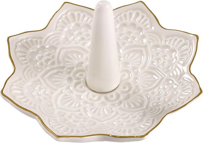 Ceramic Mandala Ring Holder, Decorative Jewelry Dish, Trinket Tray Room Decor, Engagement Wedding Birthday Gifts for Women (white)