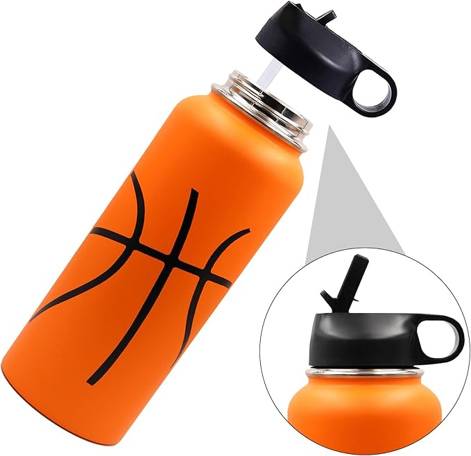 40 oz Basketball Water Bottle, Metal Thermo Travel Tumbler Sports Flask with 2 Lids, Stainless Steel Double Wall Vacuum Insulated Leakproof Water Jug, Basketball Accessories Stuff Gifts for Boys Girls