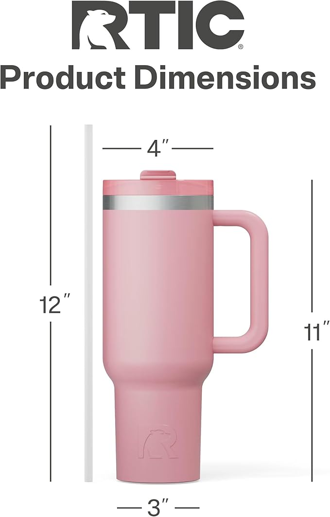 RTIC 40 oz Road Trip Tumbler Double-Walled Cermaic Lined Insulated Stainless Steel Portable Travel Coffee Mug Cup with Lid, Handle and Straw, Dusty Rose