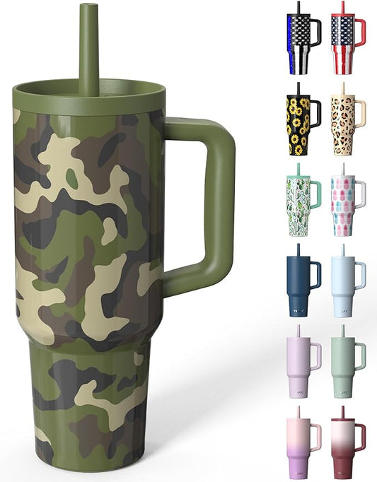 TILUCK 40 oz Tumbler with Handle, Vacuum Insulated Stainless Steel Travel Mug with 100% Leak-Proof Silicone Straw Lid, Cupholder Friendly Water Bottle(Camouflage, 40oz)