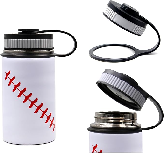 12 oz Baseball Water Bottle, Sports Flask Thermo Travel Tumbler with 2 Lids, Stainless Steel Double Wall Vacuum Leak Proof Insulated Water Bottles, Baseball Accessories Gifts for Boys 8-12 Player