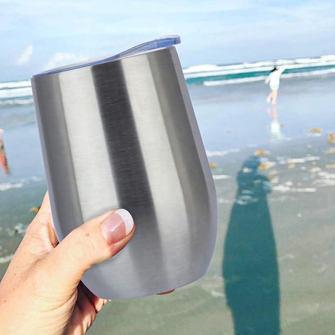 MEWAY 12oz Wine Tumbler 16 Pack Bulk Gifts for Women,Double Wall Vacuum Stainless Steel Travel Mug with Lid,Insulated Stemless Wine Cup Glass for Coffee,Cocktails,Drinks(Sliver,Set of 16)