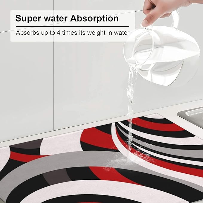 Red Black White and Grey Swirl Microfiber Dish Drying Mats, Absorbent Modern Decorative Kitchen Counter Mat, 18 x 24 inch, Polyester, Washable, Reusable, Foldable, for Dishes Utensils Small Appliances