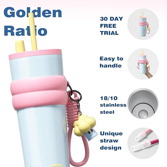 24 oz Stainless Steel Tumbler with Lid and Straw, Insulated Water Bottle Leak Proof for Hot and Cold, Portable Travel Coffee Mug, Reusable Coffee Cup for Women, Blue