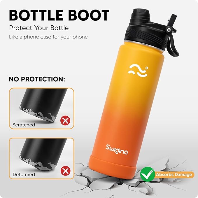 [2-IN-1 LID] Insulated Water Bottle with Silicone Boot (36hrs Cold/18hrs Hot) - DIY Stickers, Leakproof, BPA Free, 24 oz