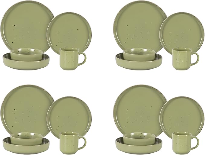 HomeVss, Nordic Shape Rising Rim Stoneware 20pc Dinnerware Set, Matte Green with Speckle Finished Effect