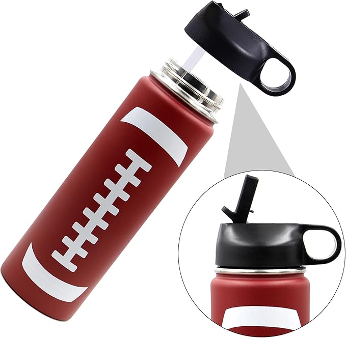 22 oz Football Water Bottle, Metal Thermo Travel Mug Sports Flask with 2 Lids, Stainless Steel Double Wall Vacuum Leak Proof Insulated Water Bottles, Football Accessories Gifts for Mom Men Boys Girls