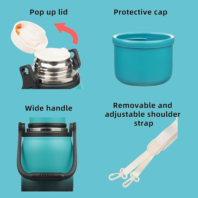 BJPKPK Insulated Thermal Water Bottle with Handle and Lid 50oz BPA Free Stainless Steel Water Bottles For Cold and Hot Beverages,TealBlack