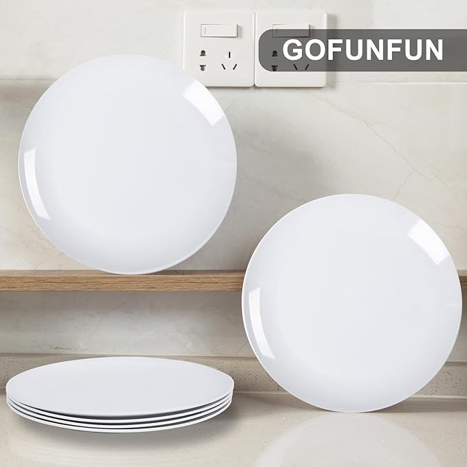 White Melamine Dinner Plates，6pcs Dishes Set，10inch Lightweight Round Plates，Scratch Resistant Unbreakable Serving Dishes，White