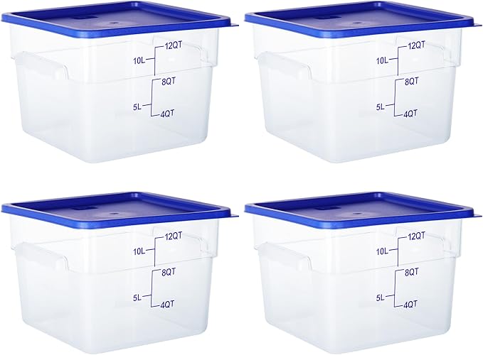 4 Pack Food Storage Containers, 12 Quart with Lids, Square Commercial Containers with Scale, NSF, Polycarbonate, Clear