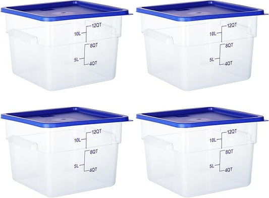 4 Pack Food Storage Containers, 12 Quart with Lids, Square Commercial Containers with Scale, NSF, Polycarbonate, Clear