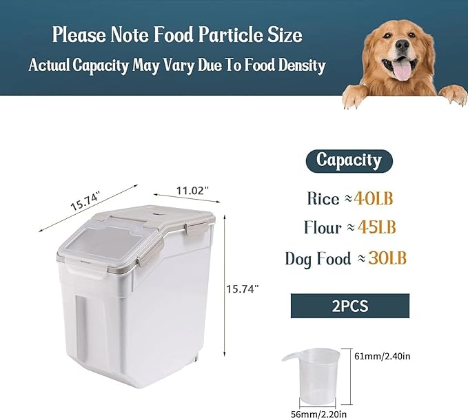 2 Pack Rice Storage Container with Measuring Cup 50 lb Flour Storage Container with Wheels, BPA Free Food Storage Container Dog Cat Food Bin Set for Dry Food Sugar, Cereal(Gray)