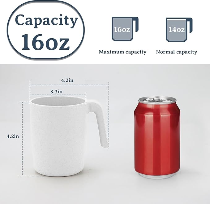 Wrova Wheat Straw Cups with Handles 16oz -Plastic Cups Reusable Set of 6-Unbreakable Coffee Mugs- Microwave & Dishwasher Safe Mug-Ideal Plastic Mugs for Tea,Coffee,Camping,RV-White