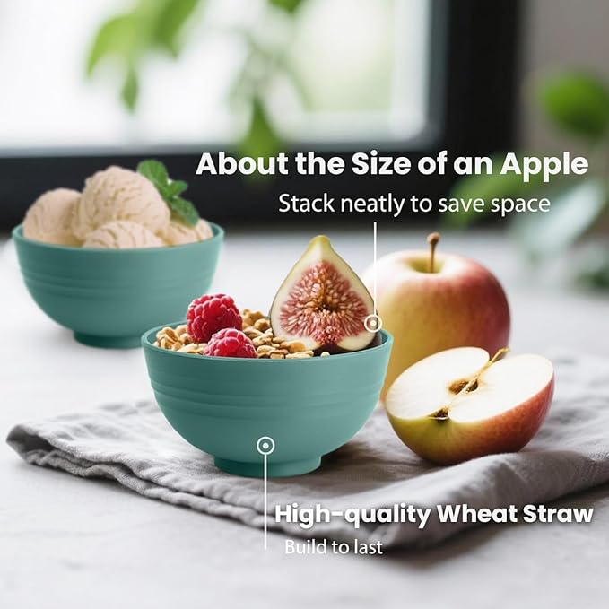 Wheat Straw Bowls Set of 8, Microwave and Dishwasher Safe, Unbreakable and Lightweight Small Bowl for Snack, Yogurt, Dessert Bowls for Kitchen, Picnic, Party (Green, 10 OZ)